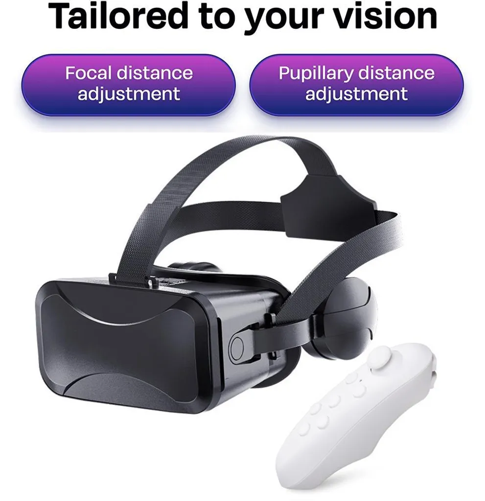 Schwarzes VR-Headset mit Kopfbändern und weißem Controller, beschriftet mit Fokus- und Pupillenabstand.