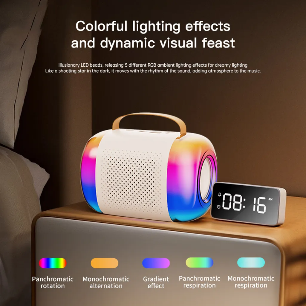 Bunte LED-Lautsprecher mit Griff und Digitalwecker auf einem Holznachtisch.