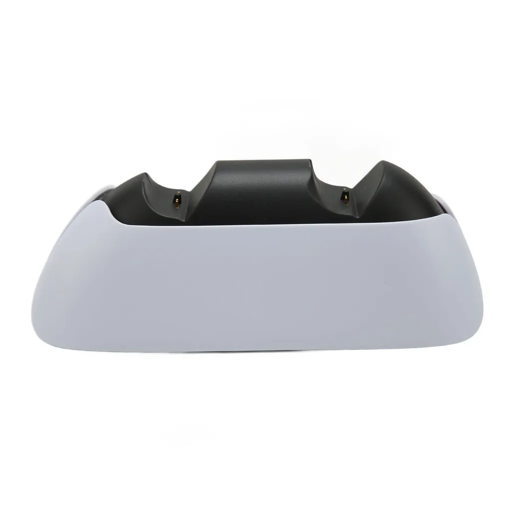 Eine weiß-schwarze Dual-Controller-Ladestation vor weißem Hintergrund.
