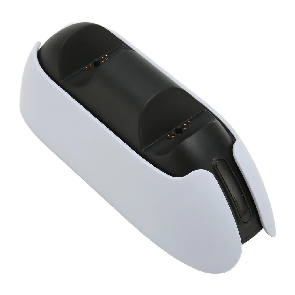 Eine weiß-schwarze Doppel-Ladestation für Controller auf weißem Hintergrund.