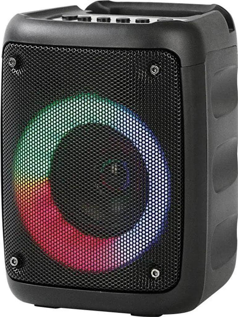 Ein tragbarer schwarzer Lautsprecher mit einem großen bunten RGB-Leuchtring hinter dem Frontgitter.
