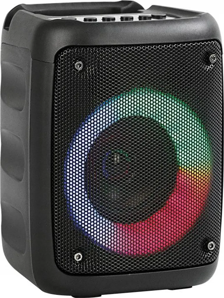 Ein schwarzer, tragbarer Bluetooth-Lautsprecher mit einem bunten LED-Ring um den Grill.