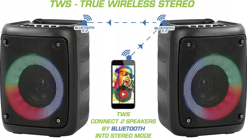 Zwei schwarze Bluetooth 5.0-Lautsprecher, die drahtlos im Stereomodus mit einem Smartphone verbunden sind.
