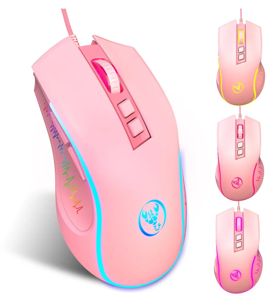 Eine rosa Gaming-Maus mit RGB-Beleuchtung und Skorpion-Logo, daneben drei weitere Ansichten mit Farbwechseln.