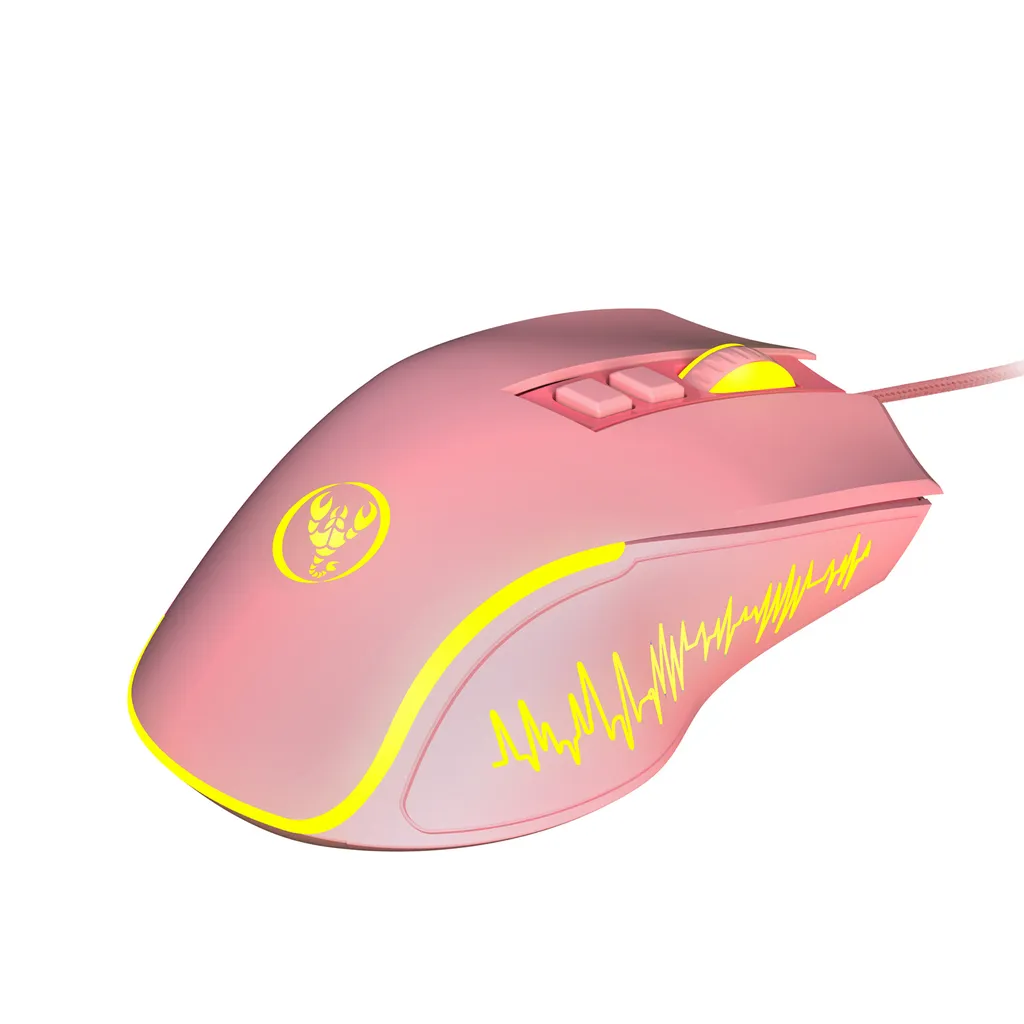 Rosa Gaming-Maus mit gelber LED-Beleuchtung, Skorpion-Logo und EKG-Linienmuster an der Seite auf weißem Hintergrund.