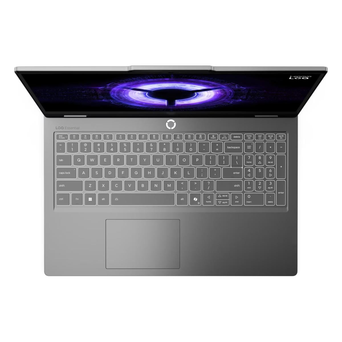 Grauer Laptop von oben mit beleuchtetem Bildschirm und Ziffernblock auf der Tastatur.