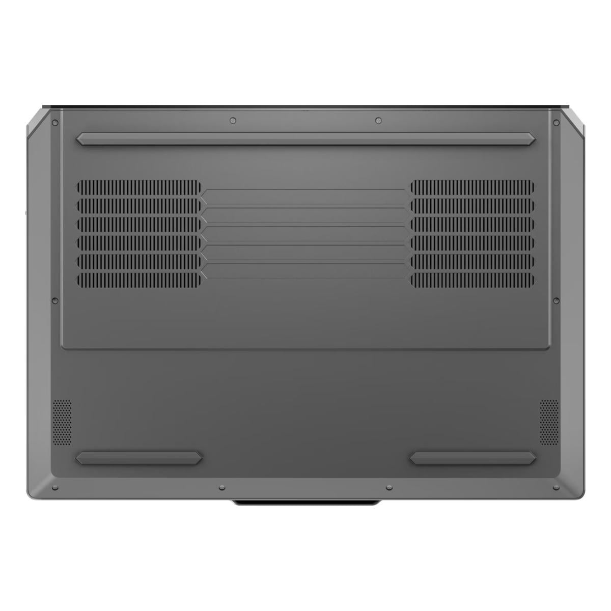 Die Unterseite eines grauen Laptops mit zwei rechteckigen Lüftungsgittern, rutschfesten Gummistreifen und Schrauben.