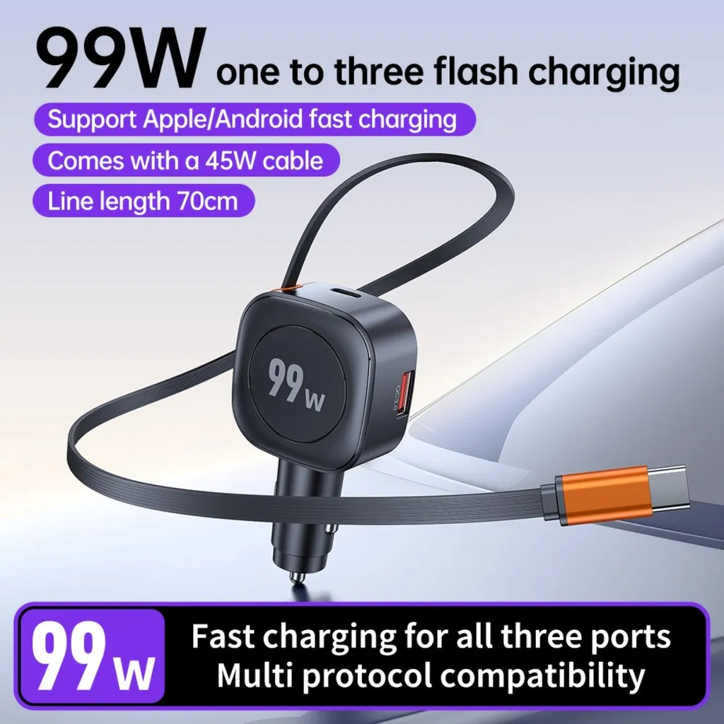 Ein schwarzes 99W Auto-Ladegerät mit integriertem Kabel und mehreren Ladeanschlüssen auf einem glatten Hintergrund.