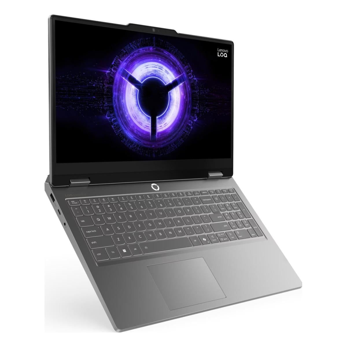 Ein silberner Lenovo-Laptop ist vor weißem Hintergrund geöffnet und zeigt ein helles, violett-schwarzes Hintergrundbild.