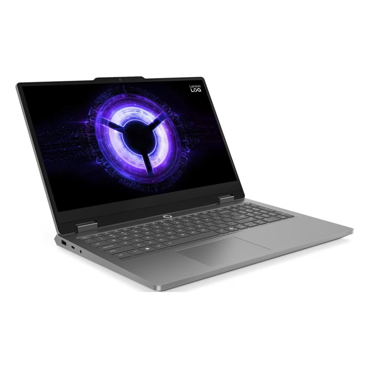 Ein grauer Lenovo LOQ Laptop auf weissem Hintergrund mit einer leuchtend lila kreisenden Grafik auf dem Bildschirm.