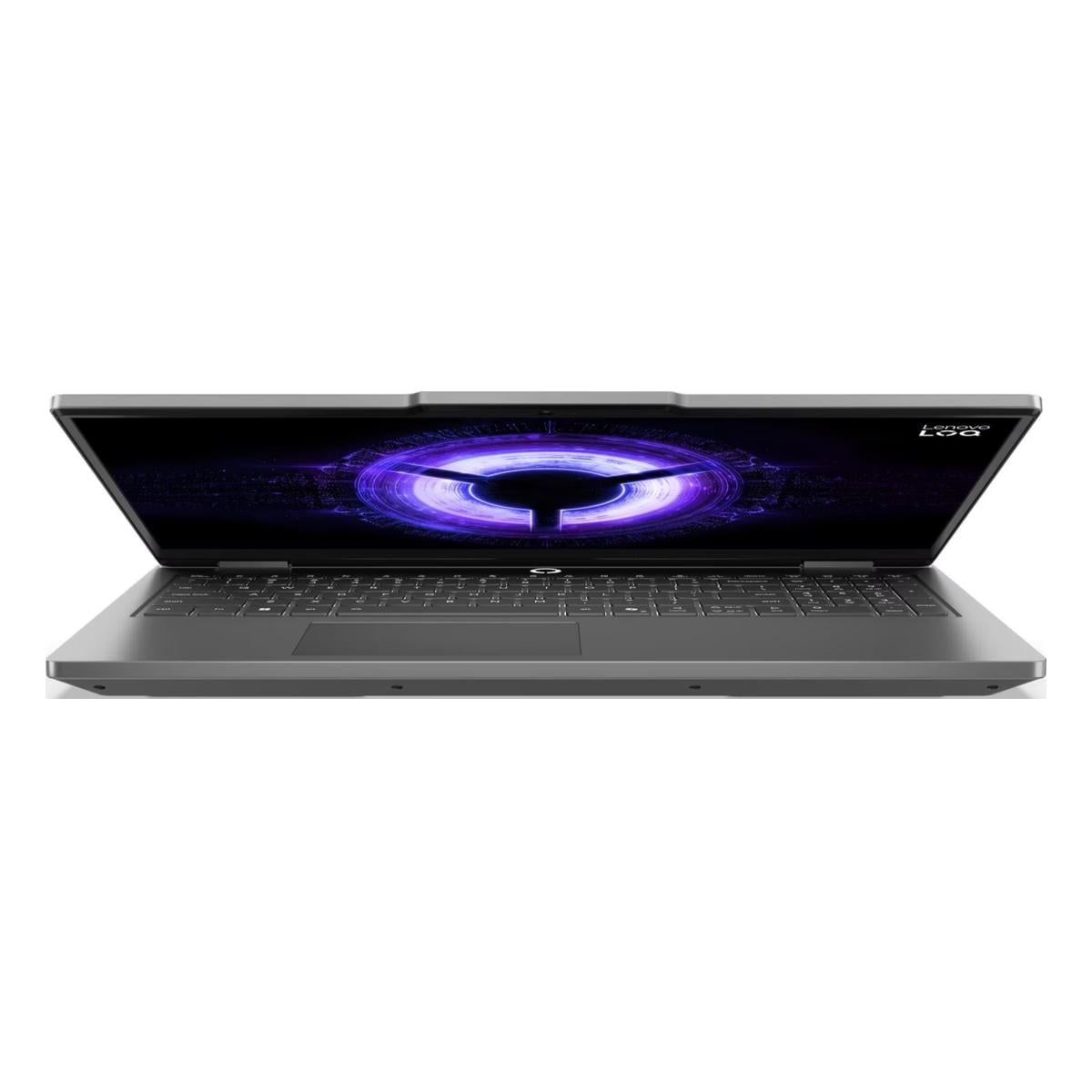 Ein grauer Lenovo-Laptop mit schwarzer Tastatur und einem leuchtenden violetten Wirbelmuster auf dem Bildschirm.