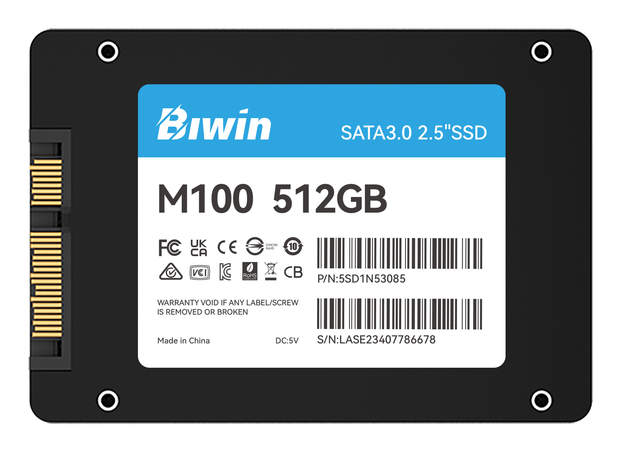 Un'unità SSD Biwin M100 da 512 GB SATA 3.0 da 2,5 pollici con custodia nera ed etichetta blu e bianca.