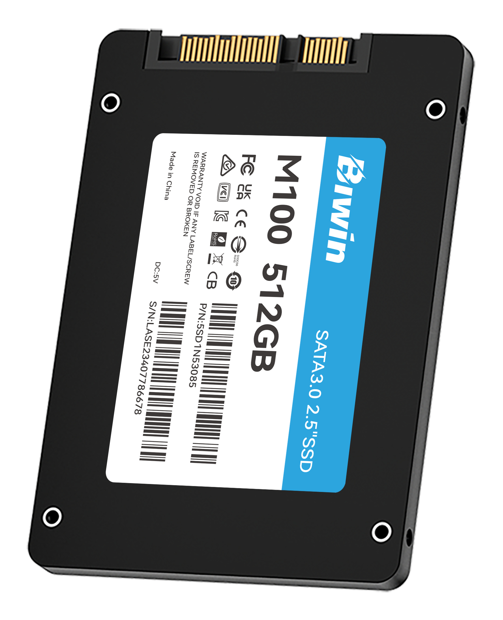 Un SSD nero Biwin M100 da 512 GB SATA 3.0 da 2,5 pollici con un'etichetta che mostra specifiche e codici a barre.