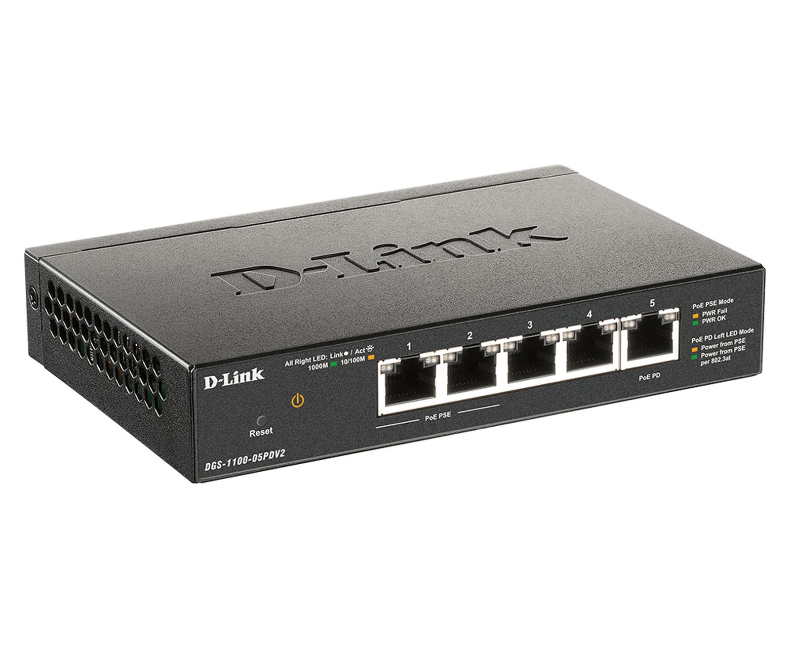 Ein schwarzer D-Link 5-Port-Netzwerkschalter mit Ethernet-Anschlüssen und LED-Anzeigen auf weißem Hintergrund.
