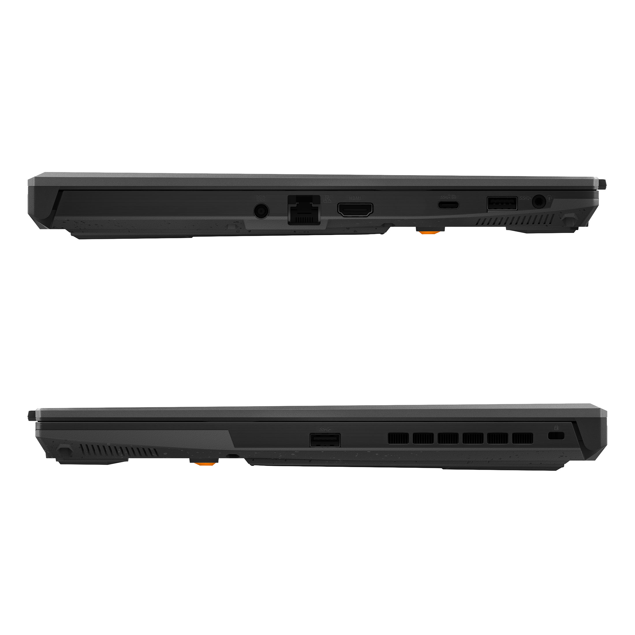 Seitenansicht eines dunkelgrauen Laptops mit Anschlüssen wie HDMI, USB und Ethernet vor weißem Hintergrund.