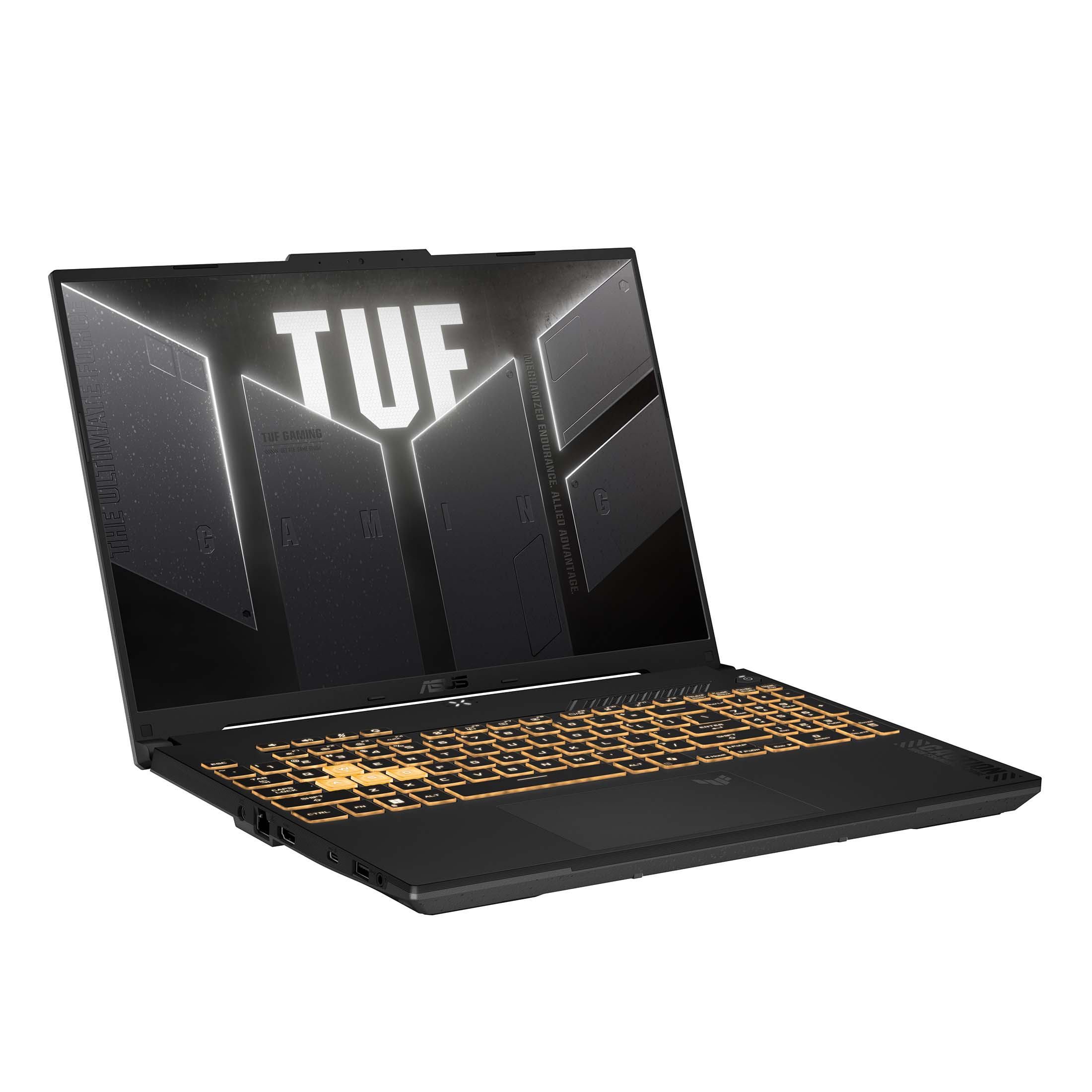 Ein schwarzer Asus TUF Gaming Laptop mit hintergrundbeleuchteter Tastatur und TUF-Logo auf dem Bildschirm.