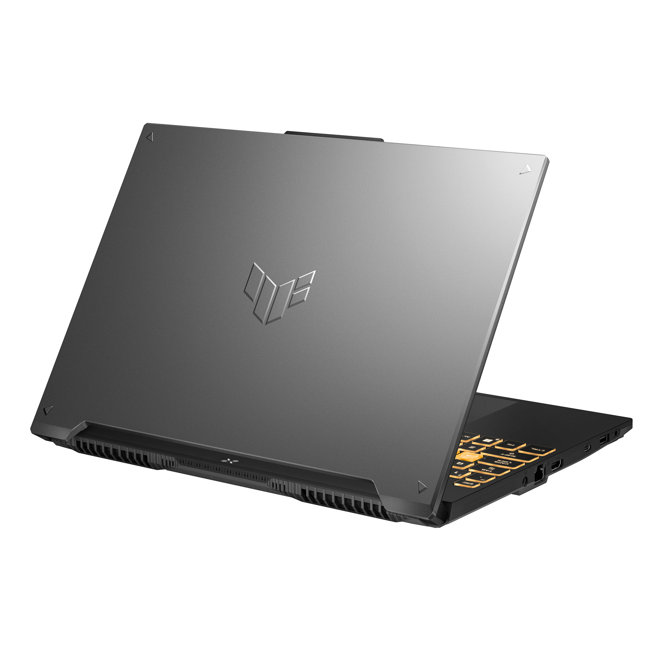 Ein grauer Laptop mit geschlossenem Deckel und einem silbernen Logo steht auf einer weißen Oberfläche gegen weißen Hintergrund.