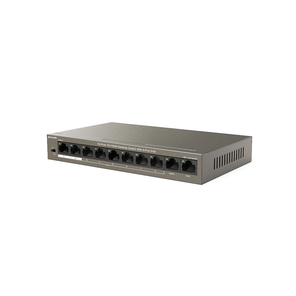 Ein grauer Tenda 10-Port Desktop-Switch mit mehreren Ethernet-Anschlüssen auf der Vorderseite vor weißem Hintergrund.