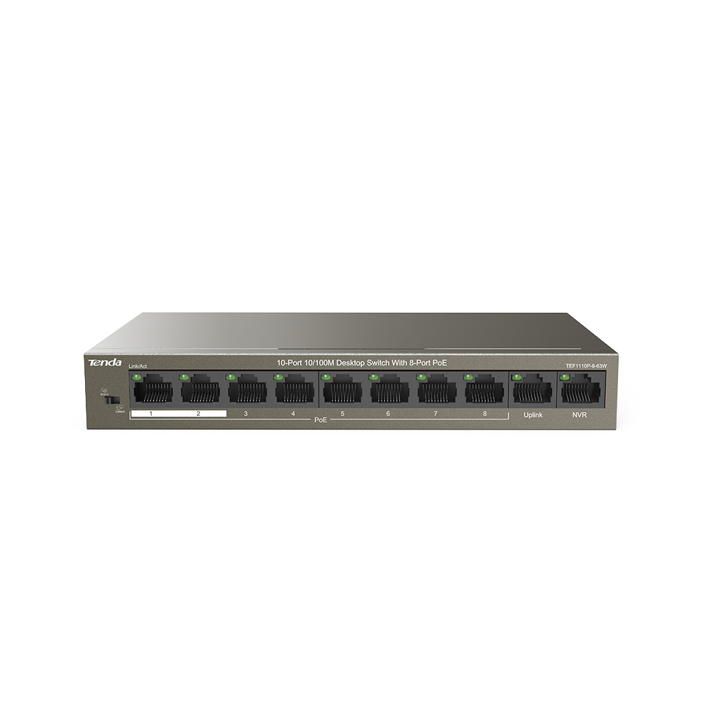 Ein grauer Tenda 10-Port Desktop-Switch mit acht PoE-Ports und Statusleuchten.