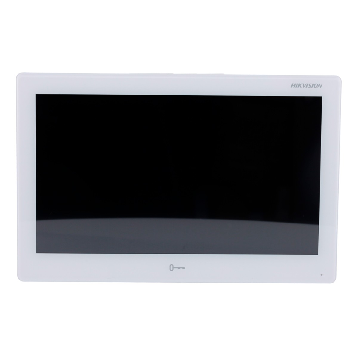 Siyah ekranlı ve altta anahtar sembolü olan beyaz Hikvision monitör.