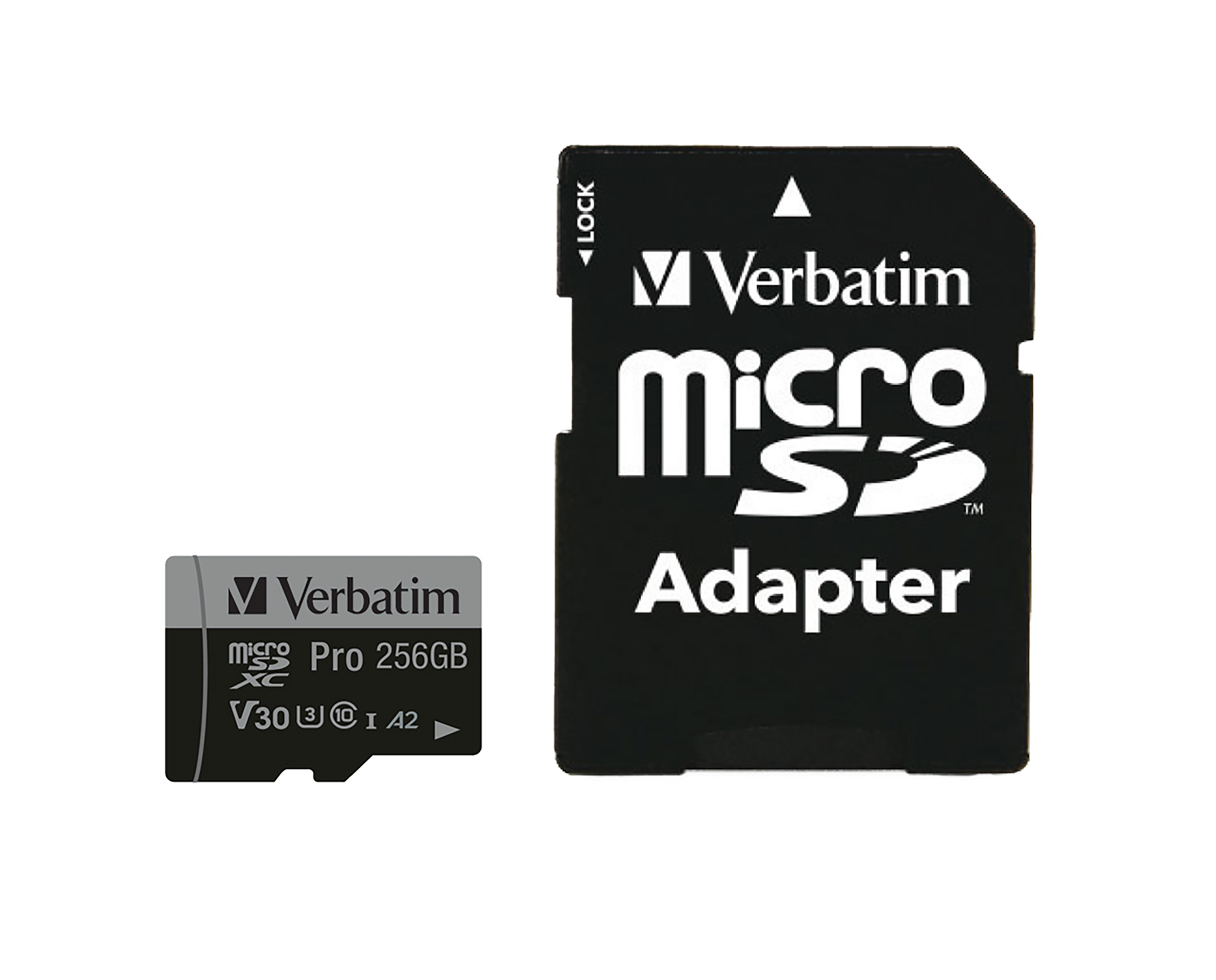 Scheda di memoria microSD Verbatim da 256GB con adattatore nero.