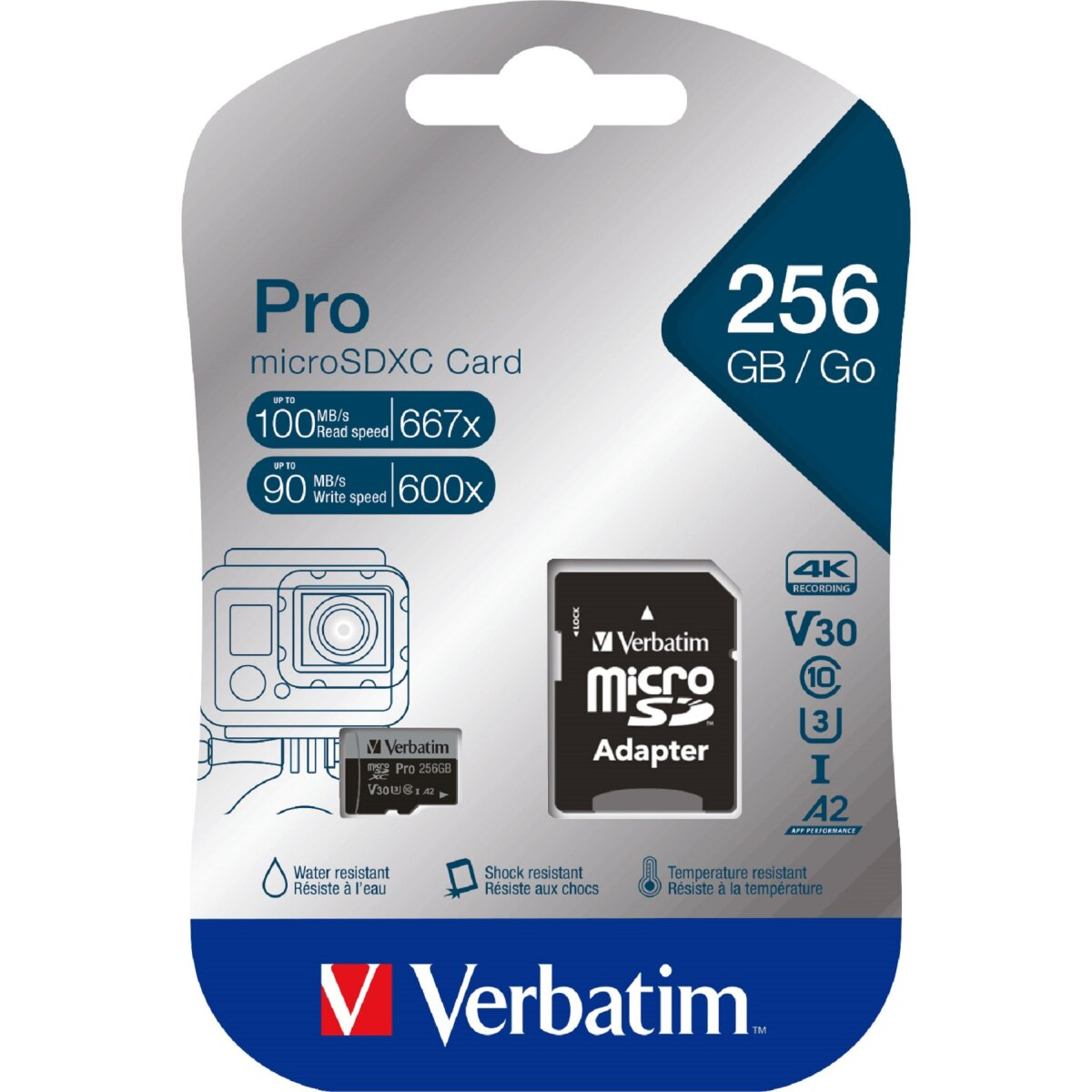 Confezione per scheda microSDXC Verbatim Pro da 256GB con adattatore, specifiche e icone di resistenza all'acqua.
