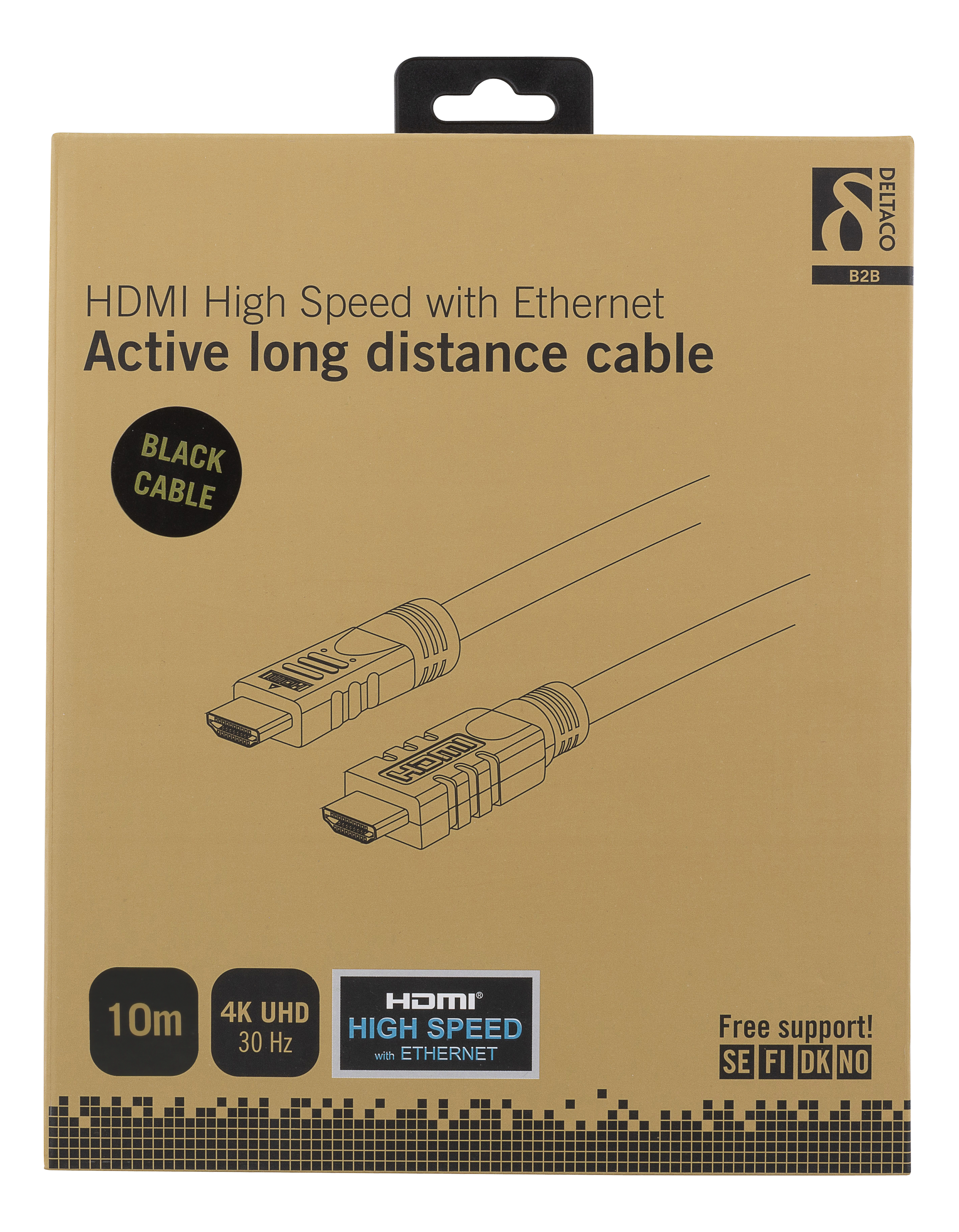 Braune Produktverpackung für ein 10m langes aktives HDMI-High-Speed-Kabel mit Ethernet.