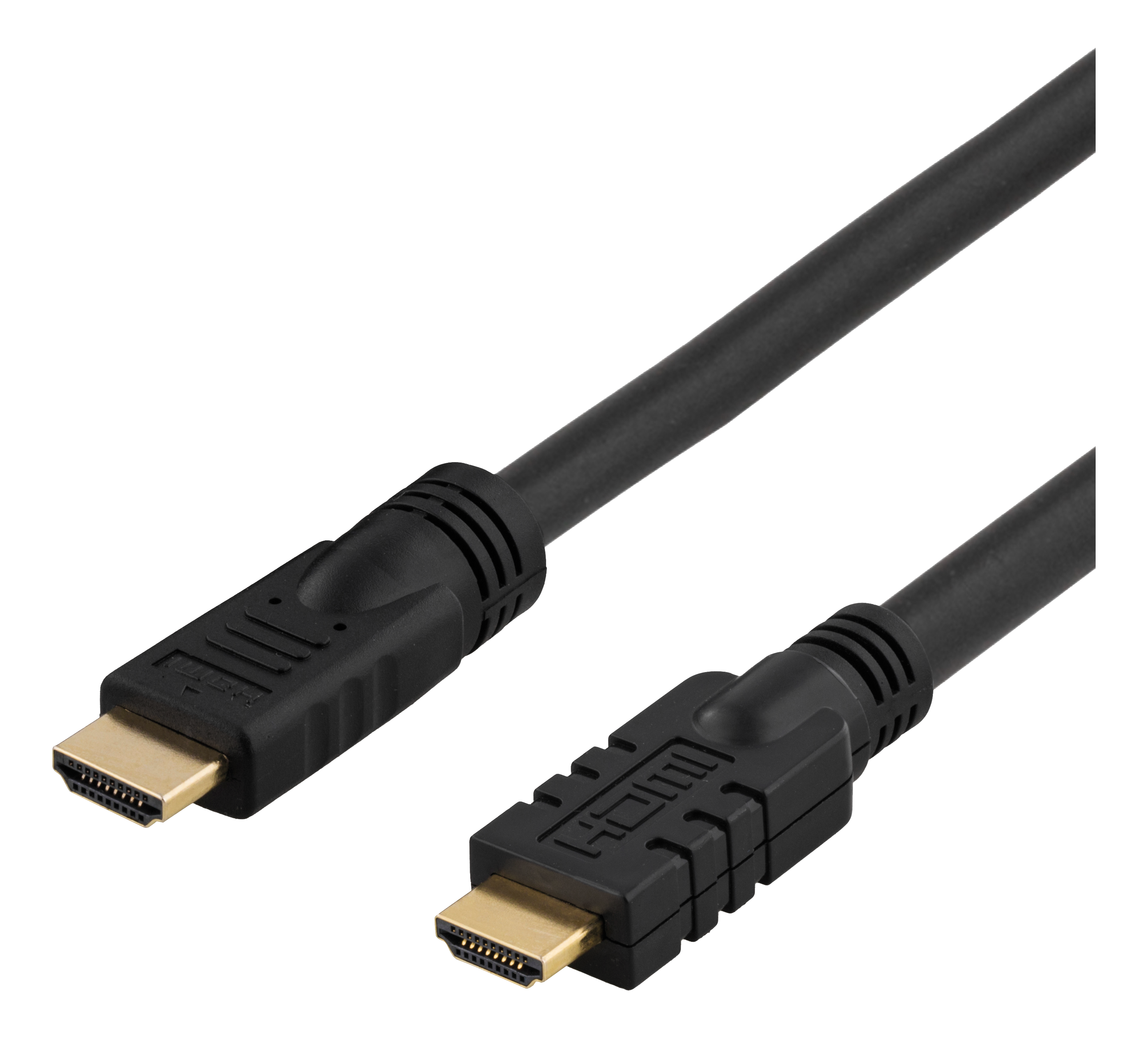 Zwei schwarze HDMI-Kabel mit goldenen Anschlüssen vor schwarzem Hintergrund.