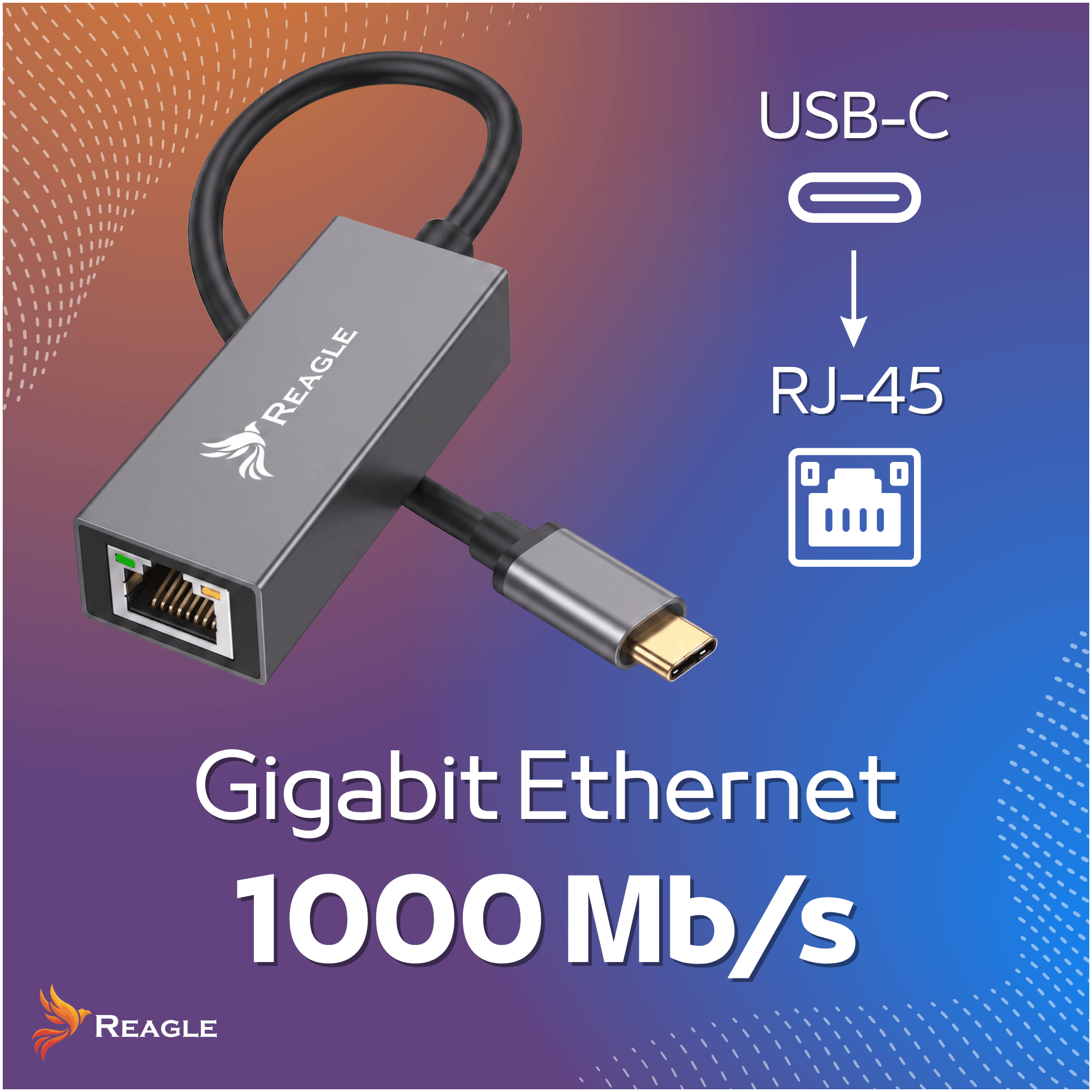 Adattatore grigio Reagle da USB-C a Gigabit Ethernet su sfondo blu e arancione con testo.