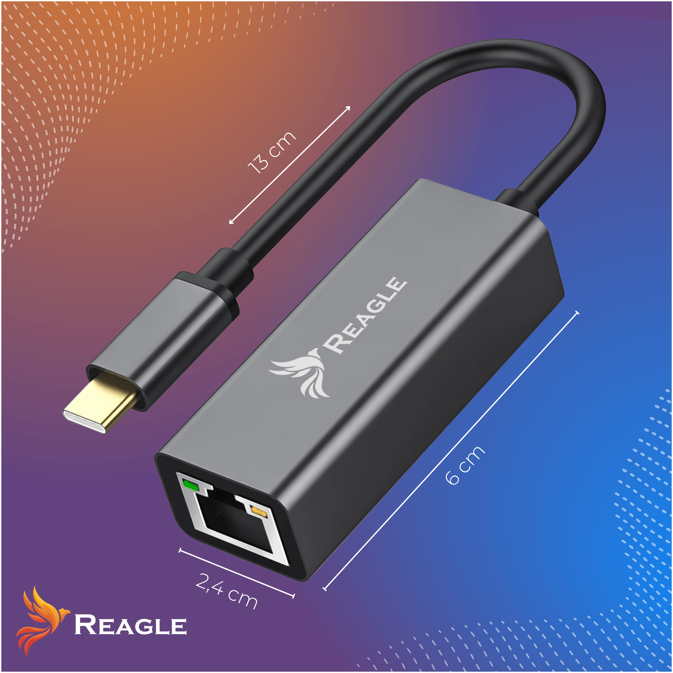 Un adattatore da USB-C a Ethernet Reagle con dimensioni su sfondo sfumato.