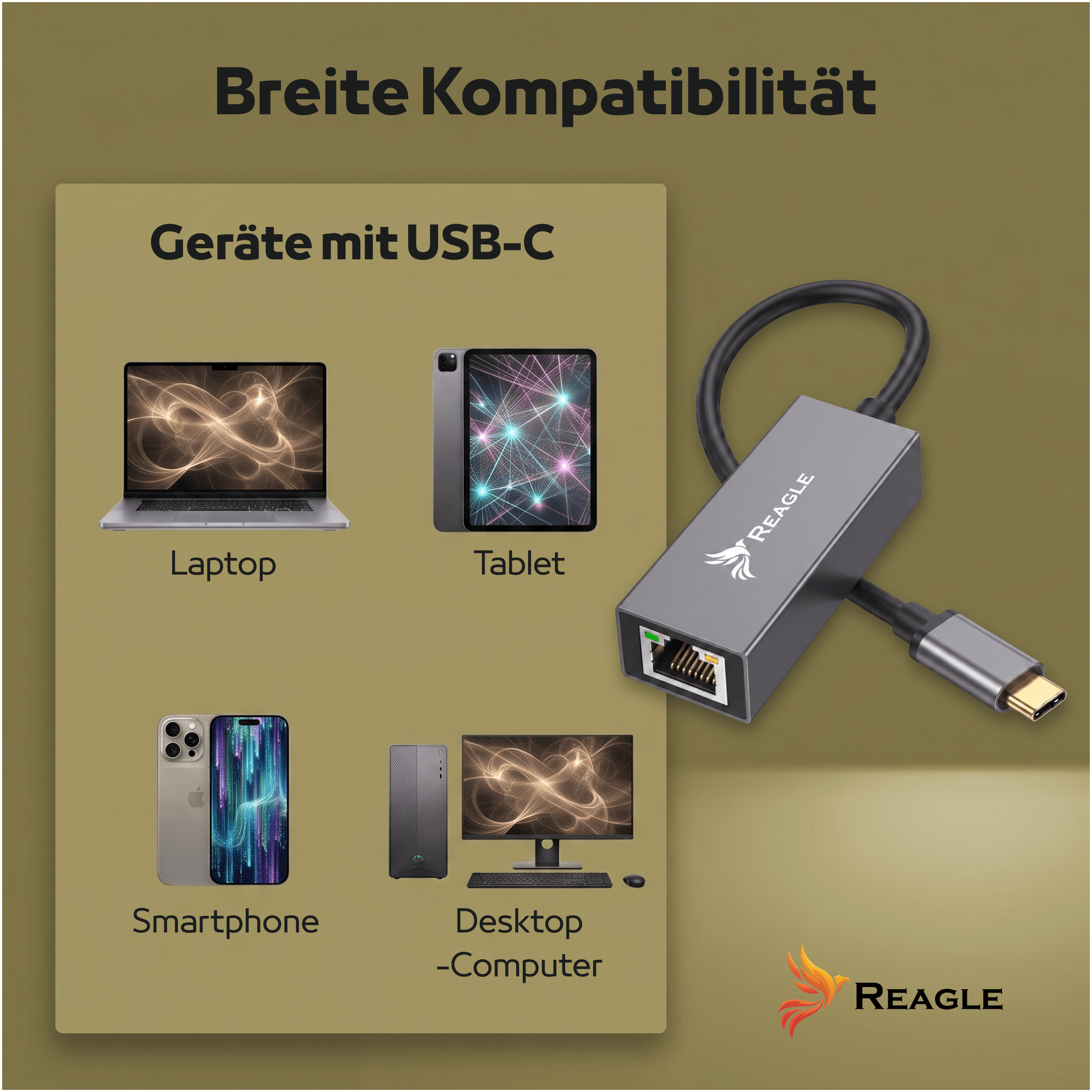 Adattatore da USB-C a Ethernet grigio con icone di dispositivi compatibili come laptop, tablet, smartphone e PC.