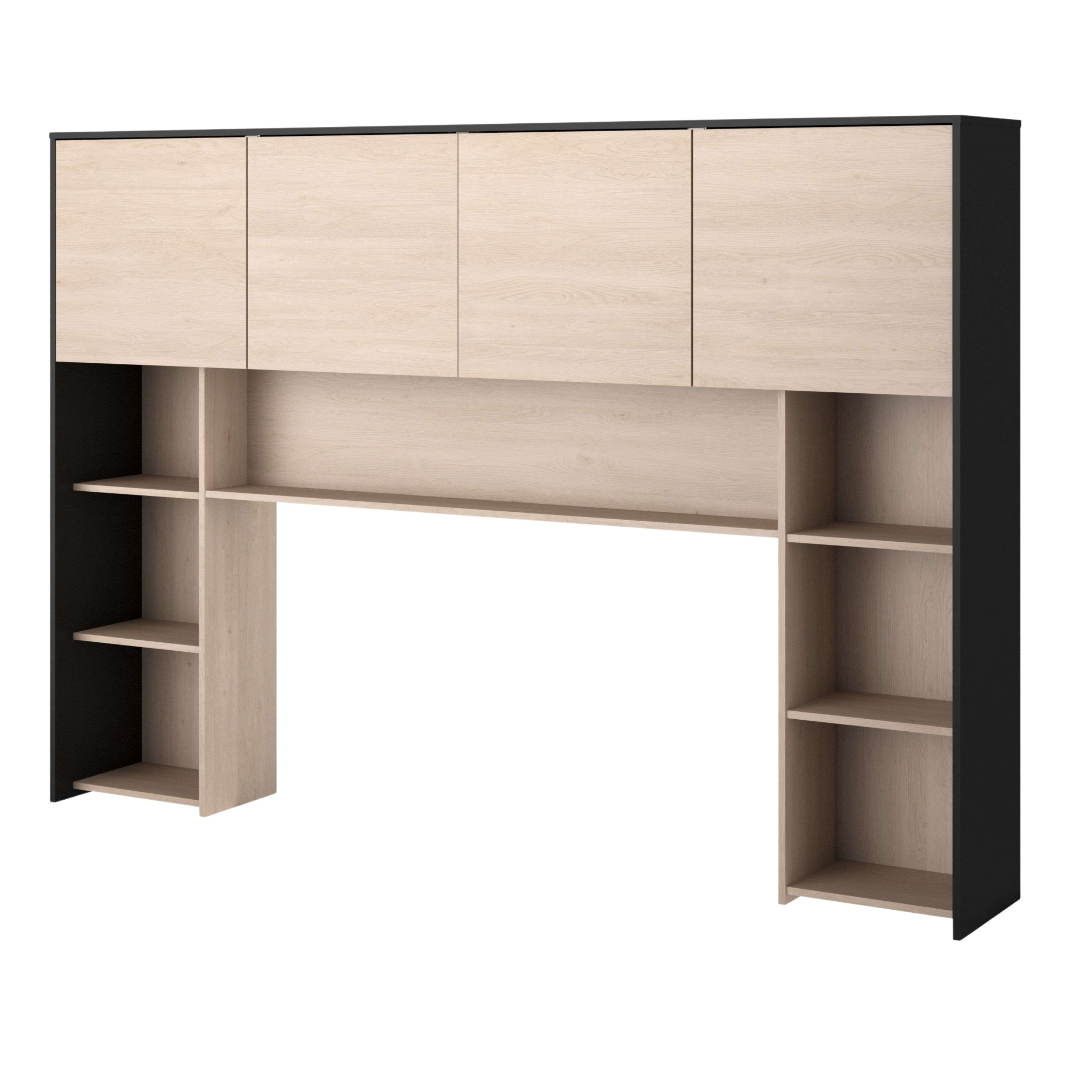Unidad de pared moderna para cabecera con cuatro armarios de madera y estantes abiertos.