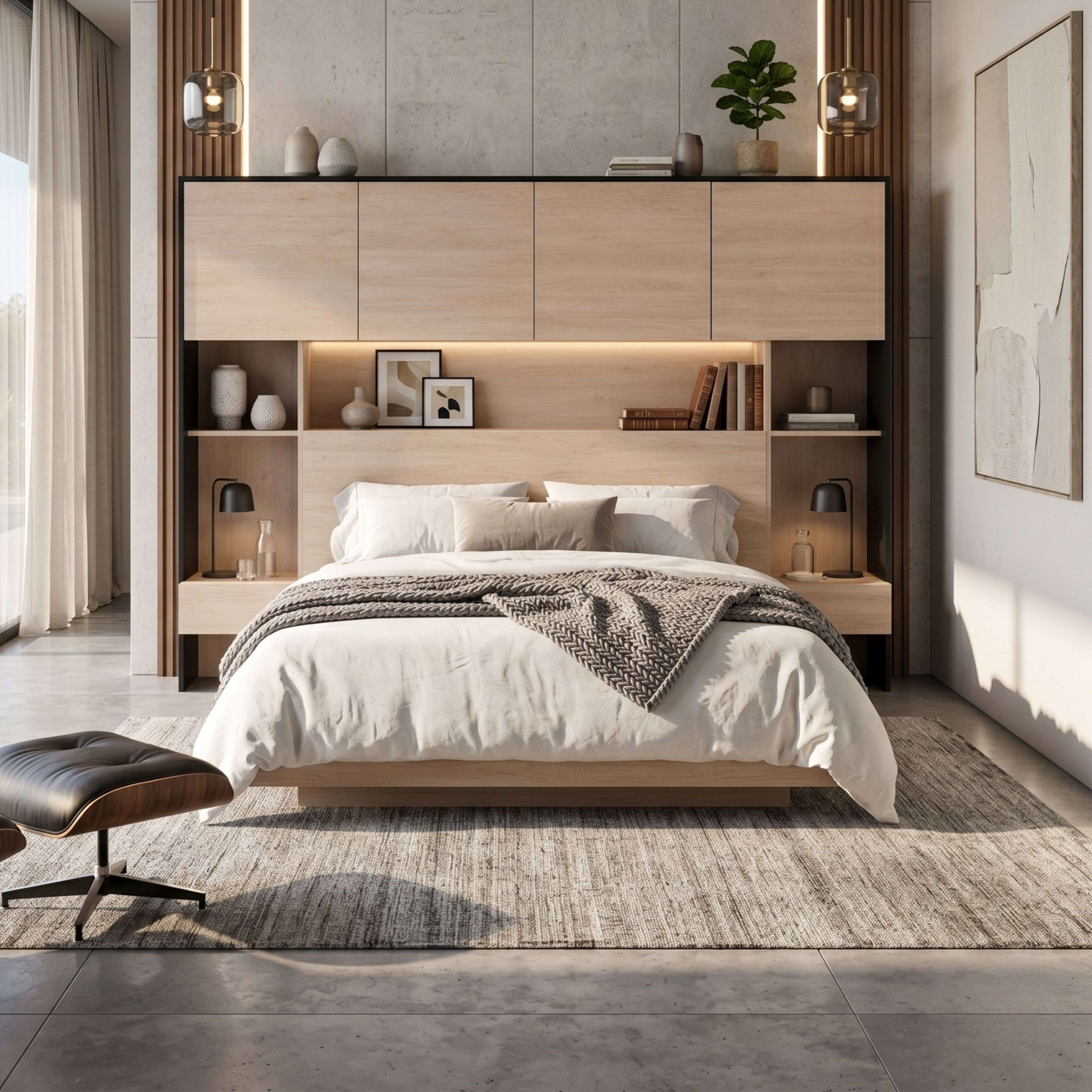 Un dormitorio moderno con una cama, manta de punto, armarios de madera, estantes integrados y luz cálida.