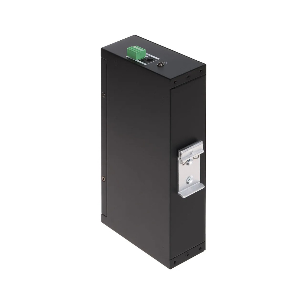 Yan tarafında yeşil bir klemens bloğu ve metal montaj braketi bulunan siyah, dik duran bir elektronik cihaz.