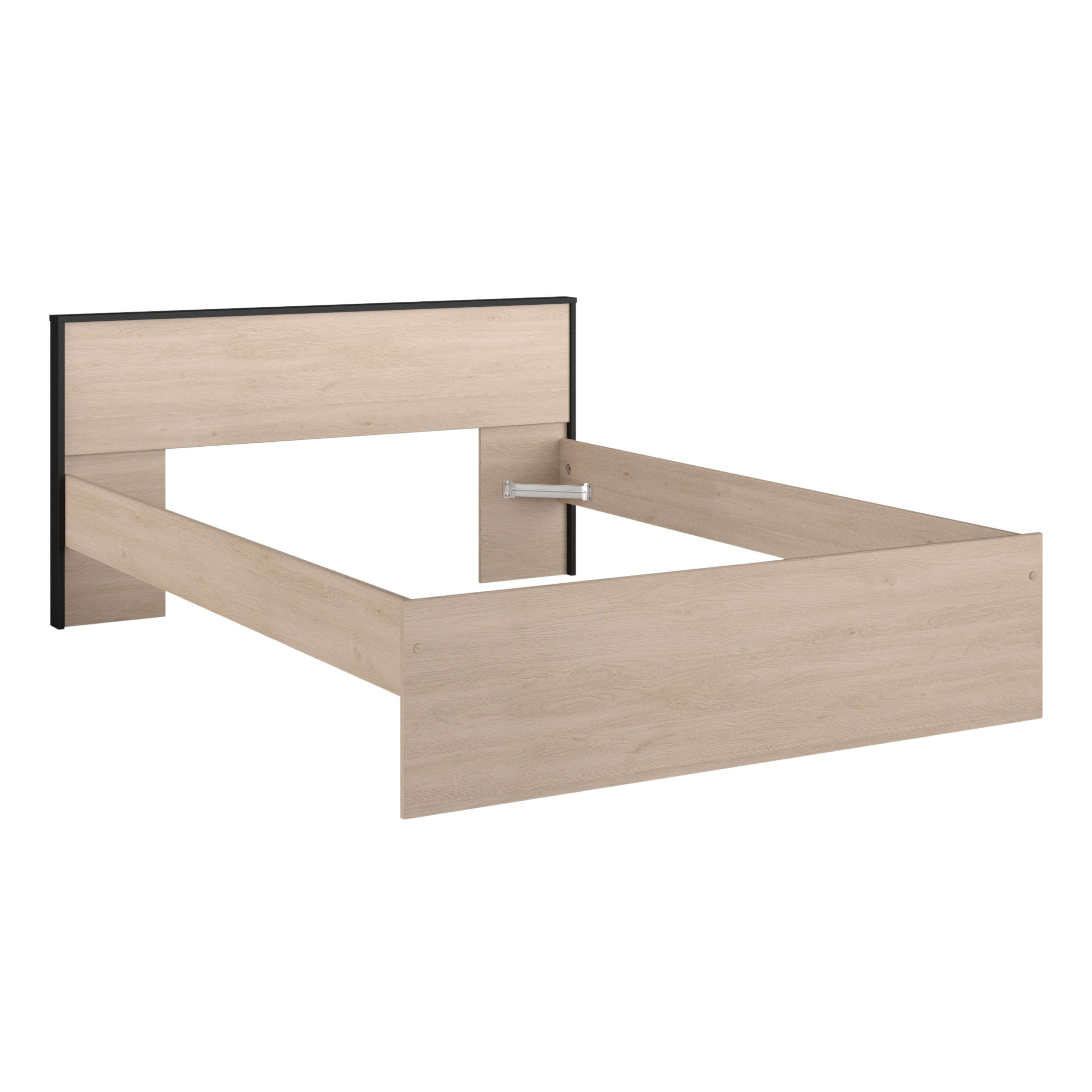 Estructura de cama de color madera con borde negro sobre fondo blanco.