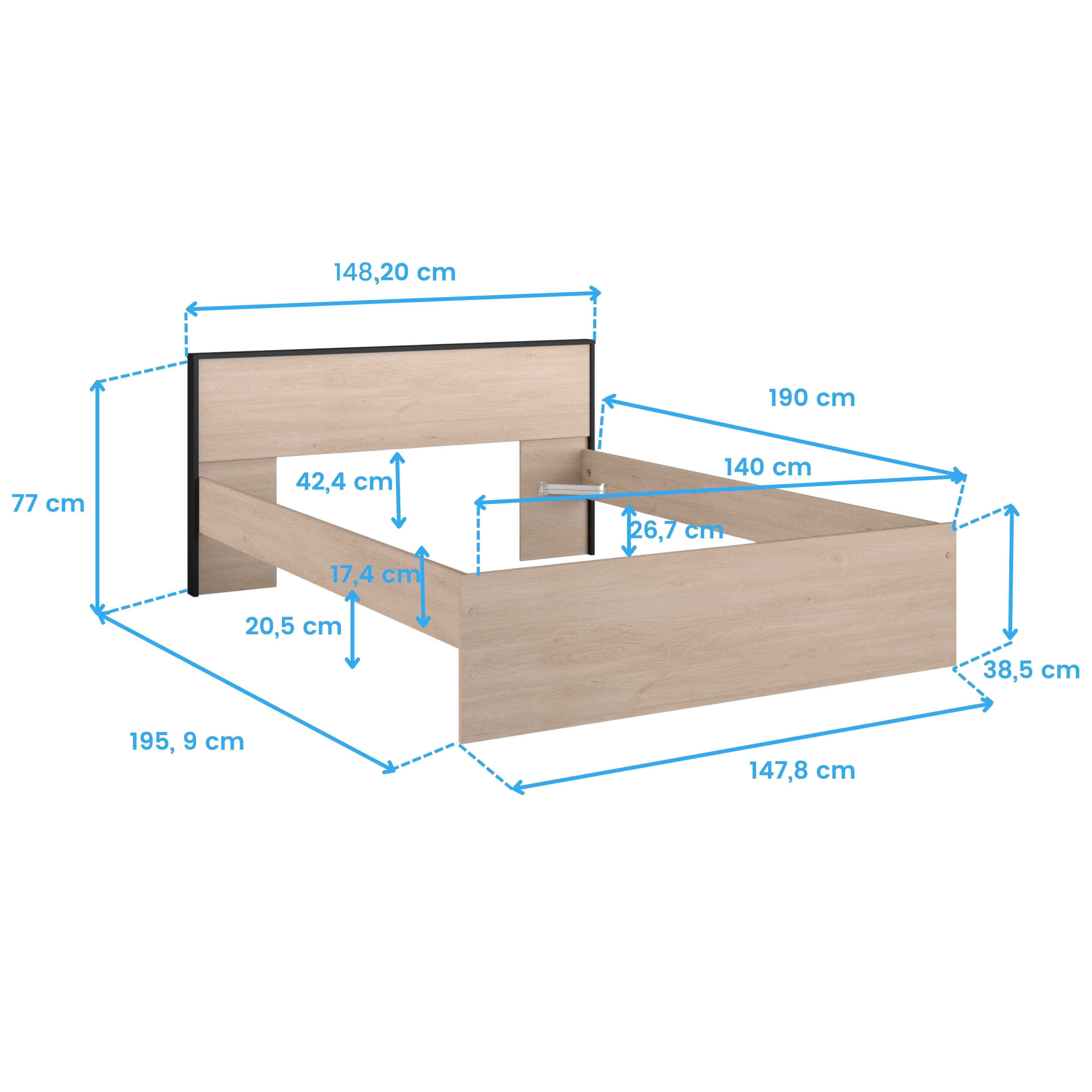 Estructura de cama de madera con líneas de cota azules y medidas en centímetros sobre fondo blanco.