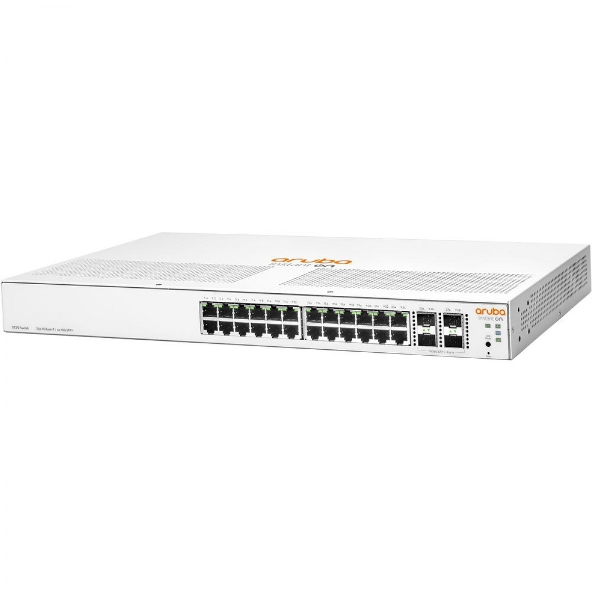 Beyaz bir yüzey üzerinde çok sayıda ethernet bağlantı noktasına sahip beyaz bir Aruba Instant On 1930 ağ anahtarı.