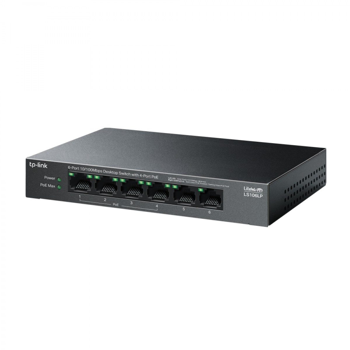 Ethernet bağlantı noktalarına sahip siyah bir TP-Link LiteWave LS106LP 6 bağlantı noktalı masaüstü anahtarı.
