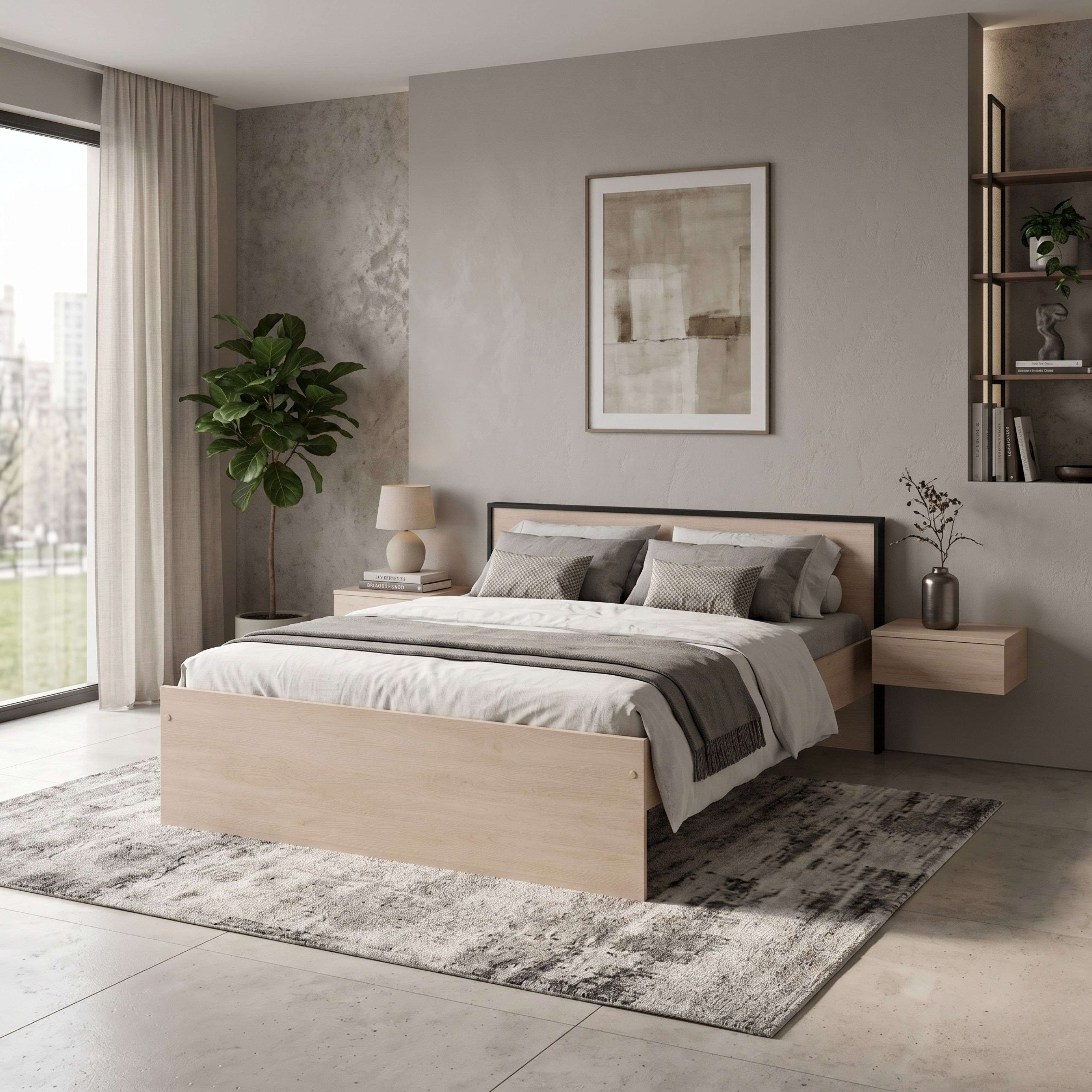 Dormitorio moderno con cama de madera clara, ropa de cama gris, alfombra y plantas frente a pared gris.