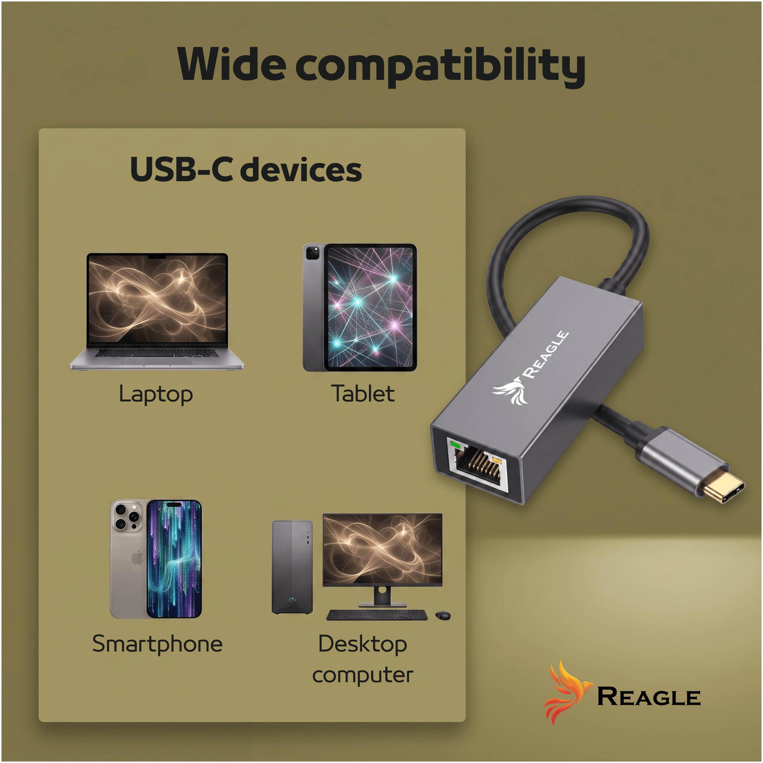 Un adattatore da USB-C a Ethernet grigio REAGLE e icone di laptop, tablet, smartphone e computer.