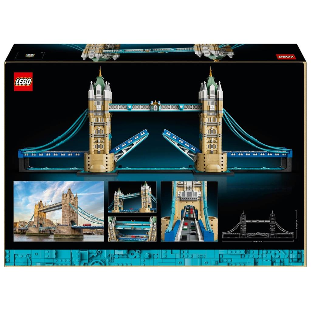 Monte edilmiş model, detay fotoğrafları ve ölçüleri gösteren Lego Tower Bridge kutusunun arkası.