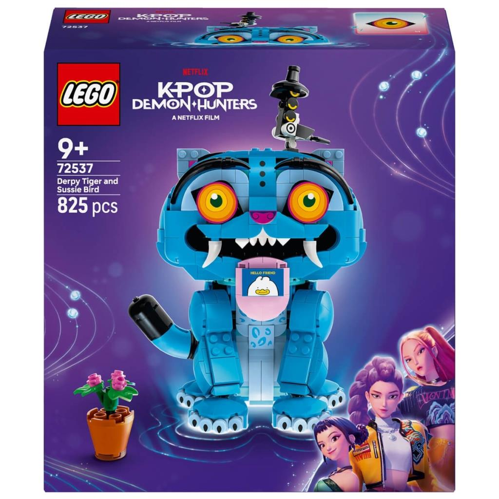Mavi kaplan figürü, küçük çiçekler ve sağ altta üç karakterin bulunduğu Lego kutusu.