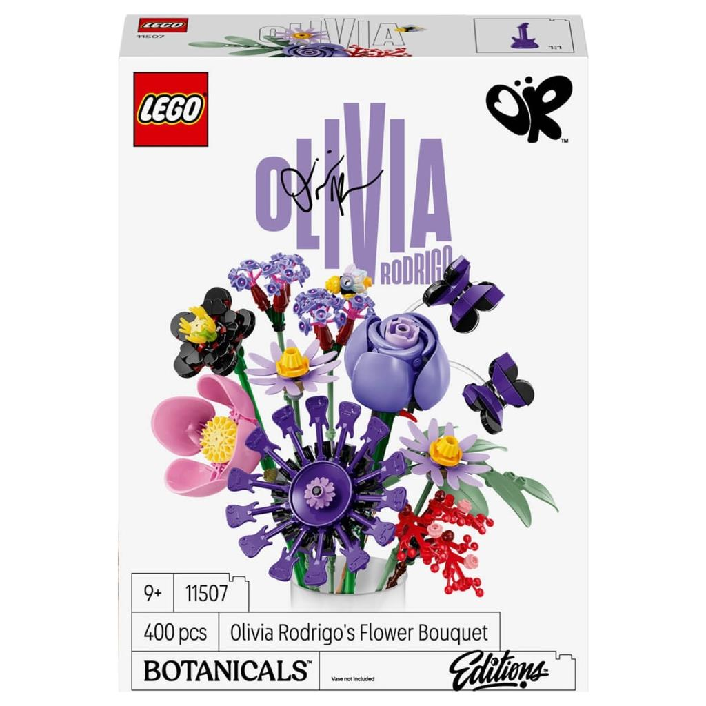 Caja del set de Lego del ramo de flores de Olivia con flores moradas y rosas y mariposas.
