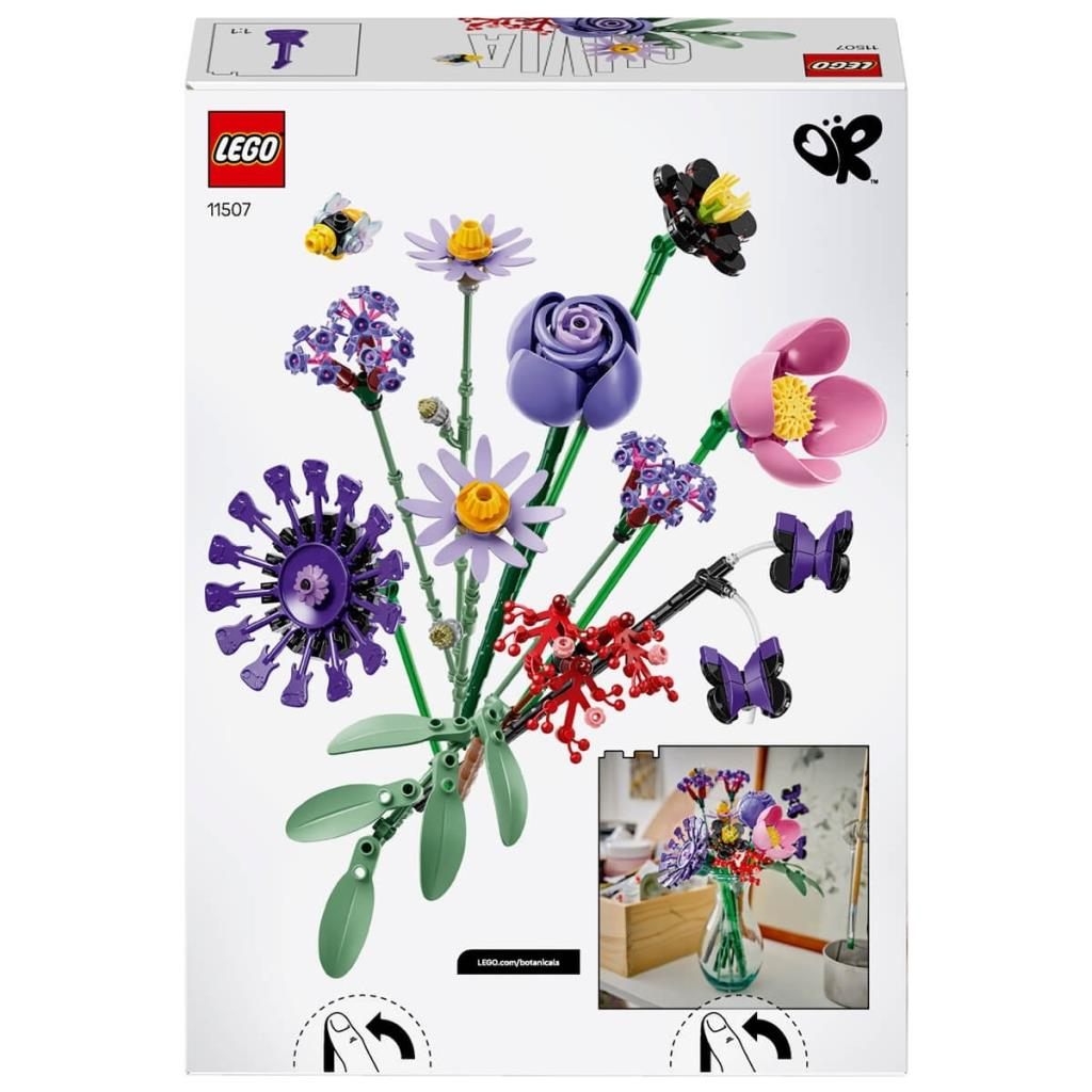 Caja de set botánico Lego con flores coloridas, mariposas y una abeja, con foto de las flores construidas.