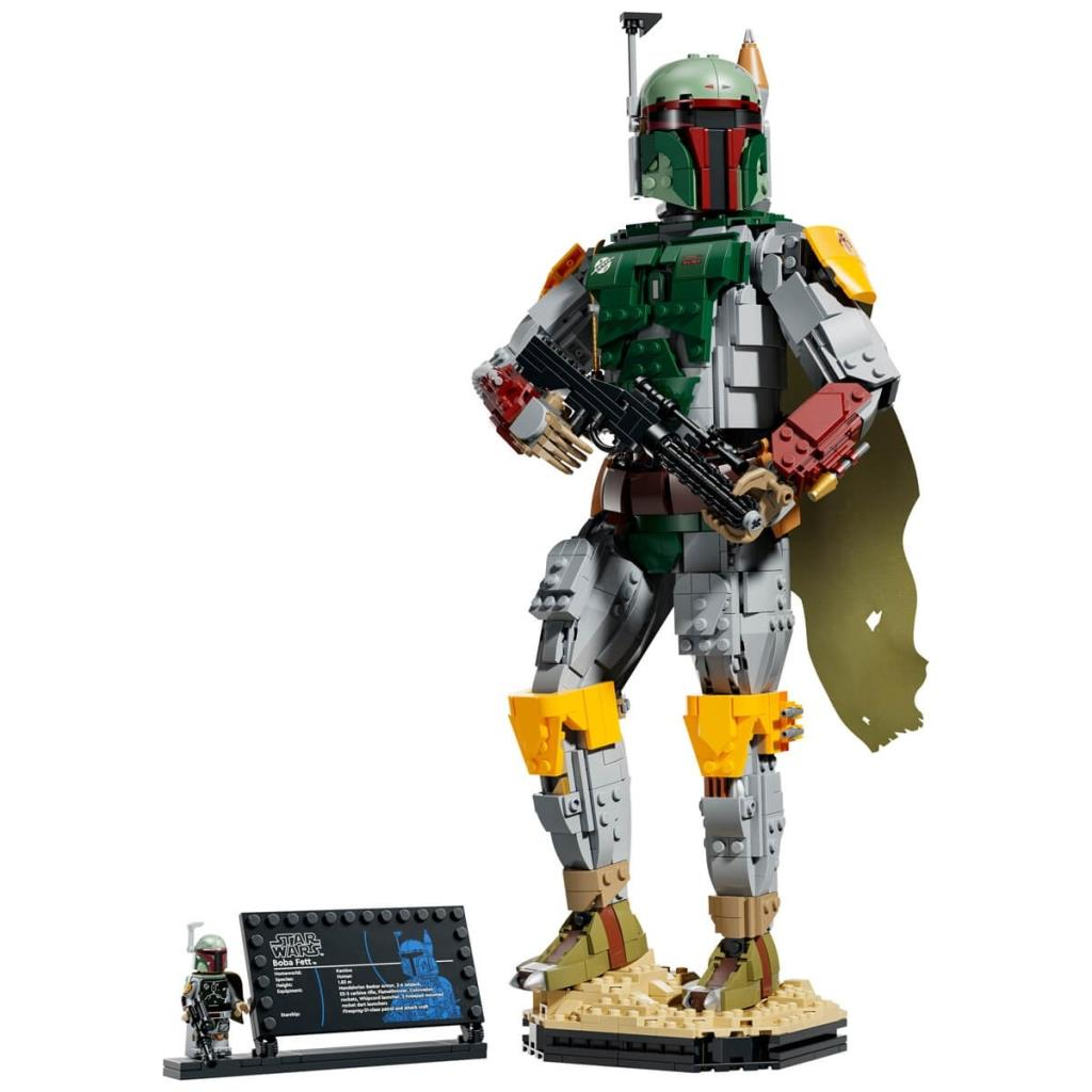 Beyaz arka planda silah tutan ve küçük bir levhası olan Boba Fett Lego figürü.