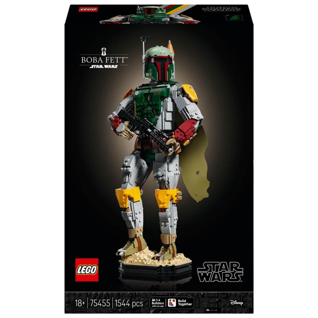 Siyah arka plan üzerinde stantta detaylı bir figür içeren Lego Star Wars Boba Fett yapım seti.