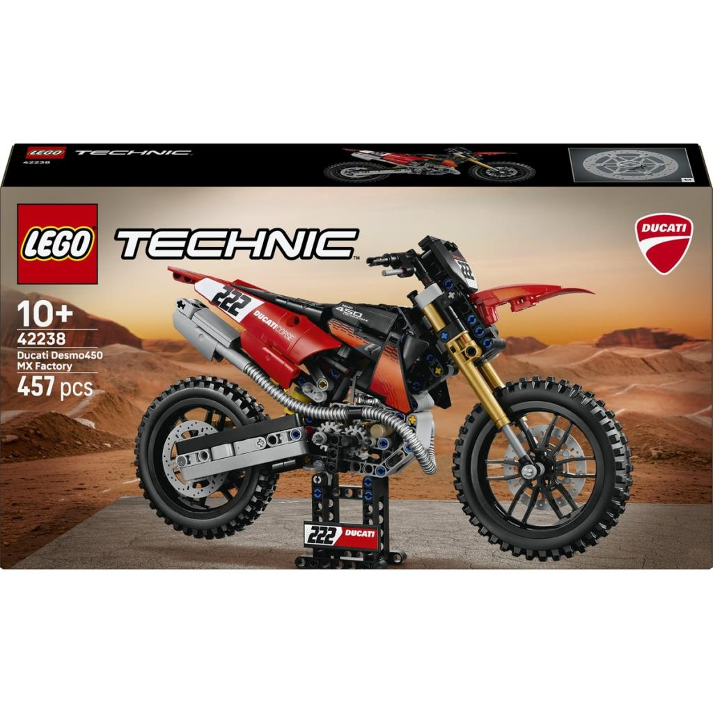 Kırmızı ve siyah kros motosiklet modelini gösteren Lego Technic Ducati Desmo450 MX Factory kutusu.