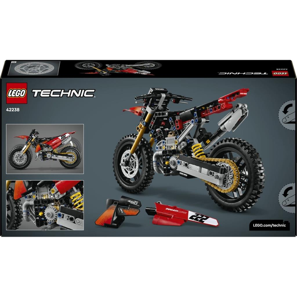 Lego Technic Ducati motosiklet seti kutusu, modellenmis motor, iki detay kosesi ve parcalar.