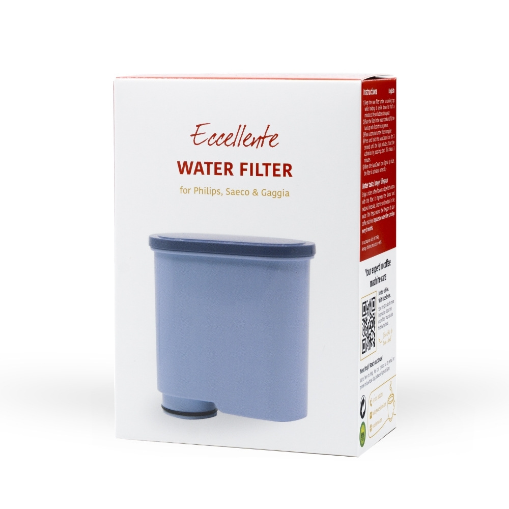 A white box with red text for a blue Eccellente water filter for Philips, Saeco, and Gaggia.