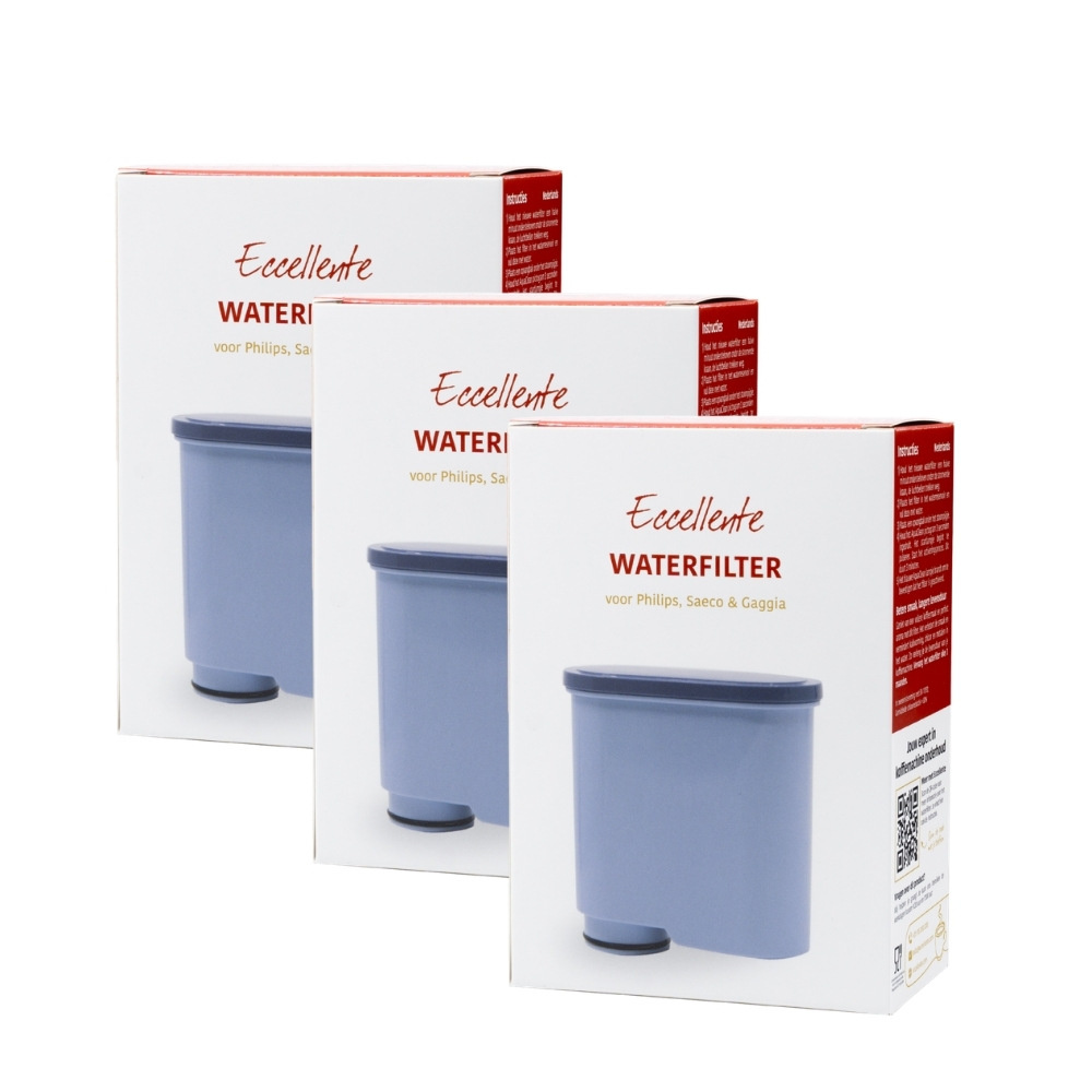 Three white boxes labeled Eccellente water filter for coffee machines.